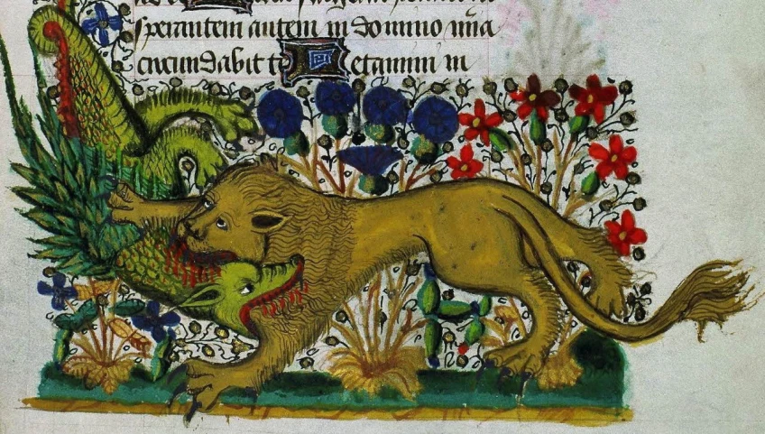 an ornamental medieval mcript with a lion and dragon fighting