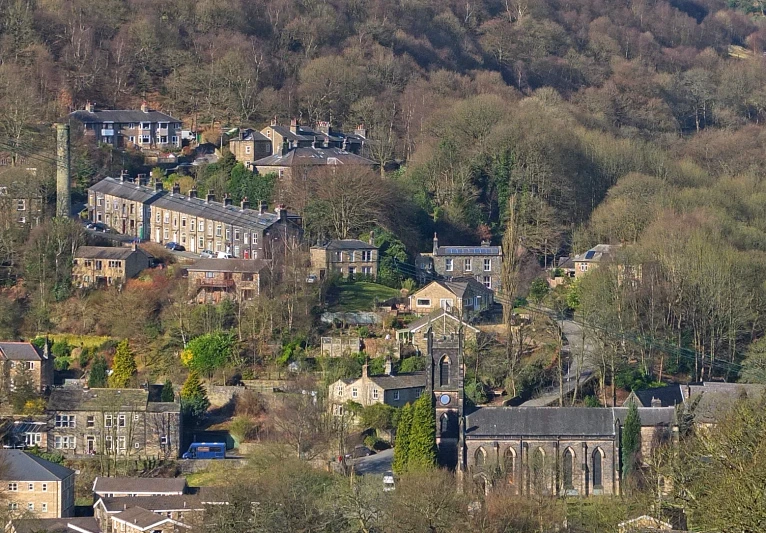 a small town sits between some trees