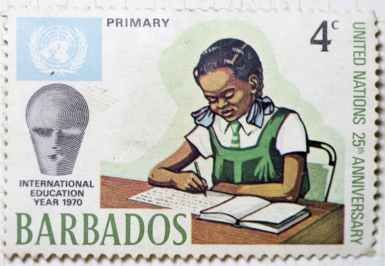 a stamp depicting an image of a woman writing in a notebook