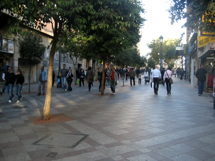 many people walking down a city street next to trees