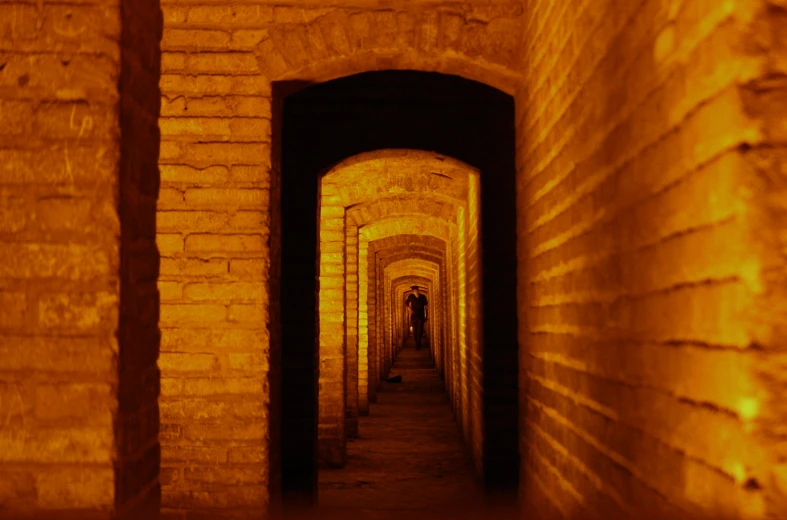 a hallway with walls covered in brick and dark lighting