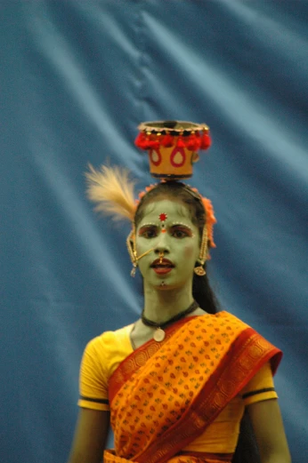 the dancer is wearing an elaborate costume with feathers