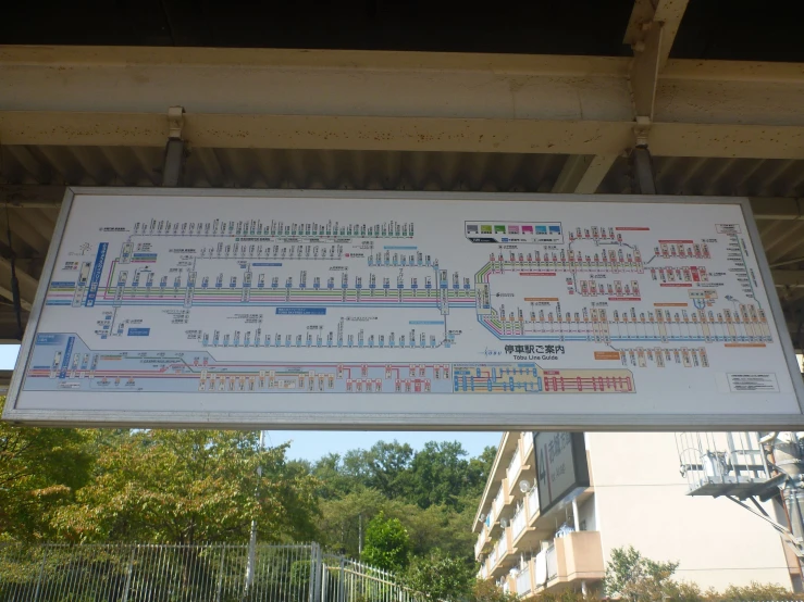 a long map hanging over a street under a bridge