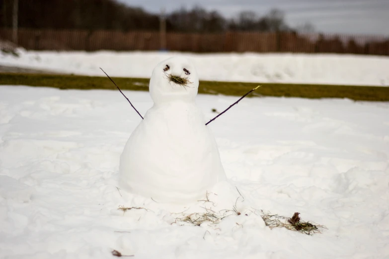 a snowman is holding two ski poles while standing in the snow