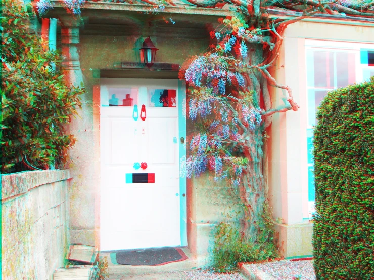 a home entry with a red and blue filter