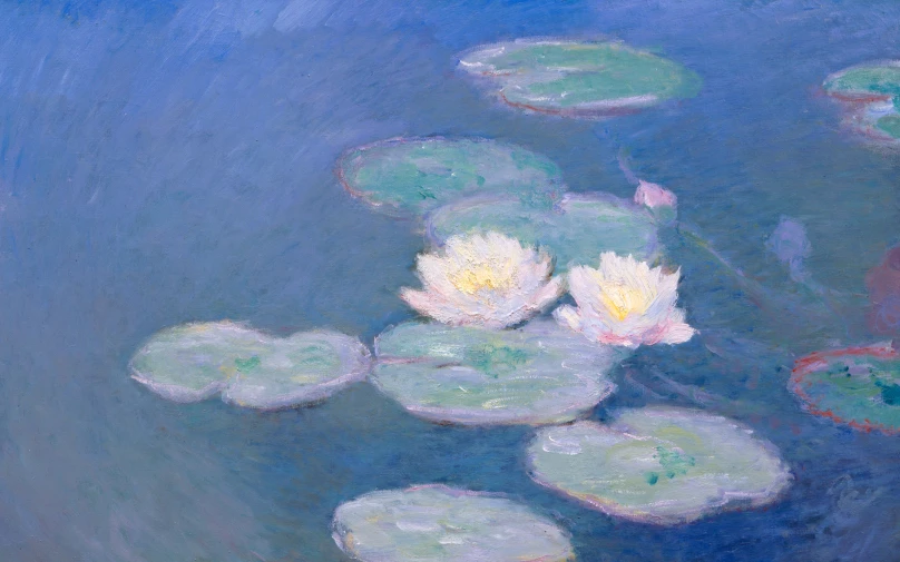a painting of water lillies floating on a pond