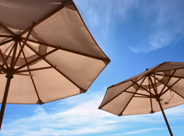 the brown umbrellas are closed on the clear day