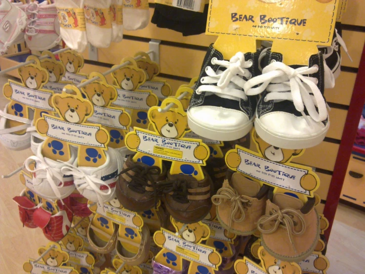 various items displayed for a child's shoe store