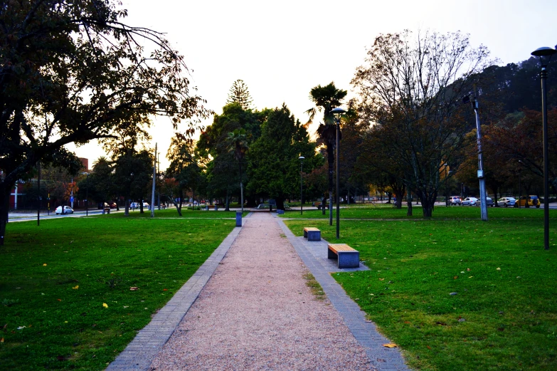 this is a long sidewalk in a grassy park