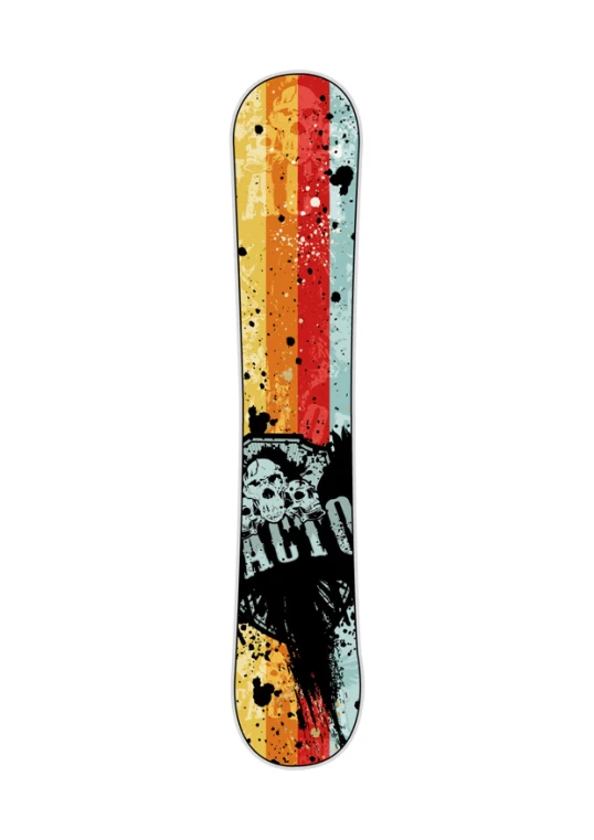a white snowboard is featured with orange and black accents