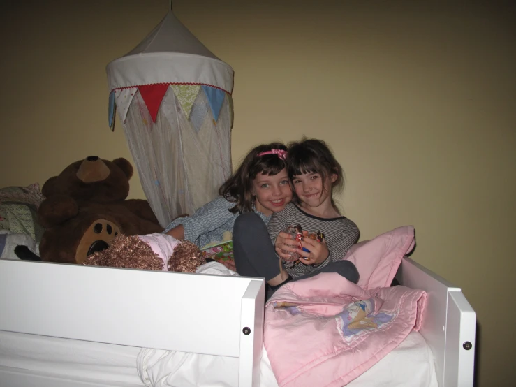 the two girls are in their bed with stuffed animals