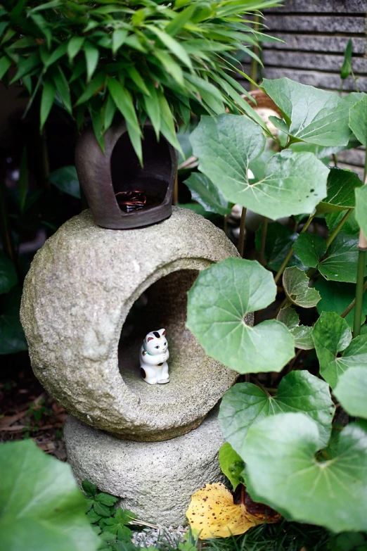 a cat toy sits in the entrance to a garden
