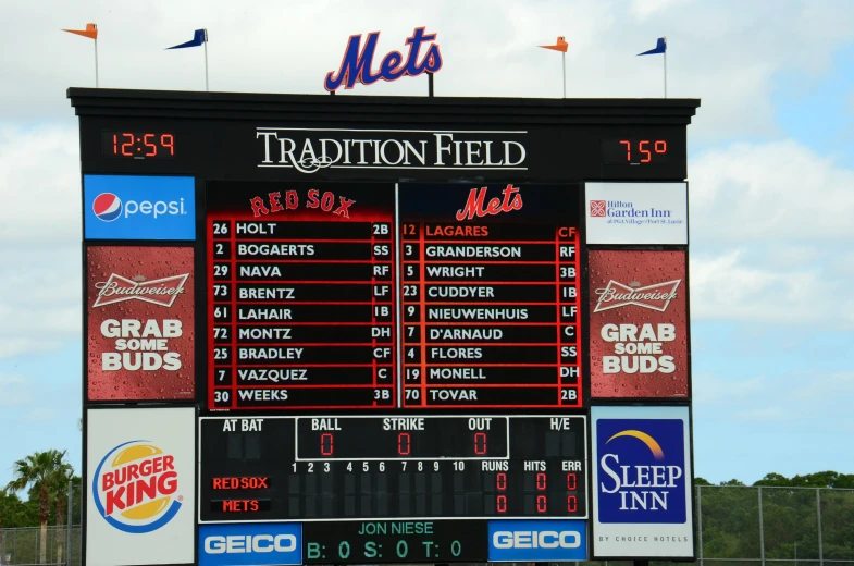 a score board sitting on the side of a baseball field