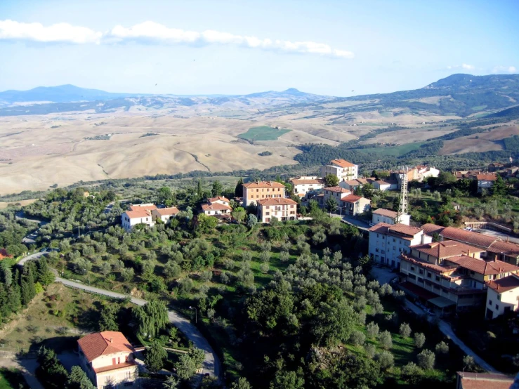 the top view of several buildings near mountains