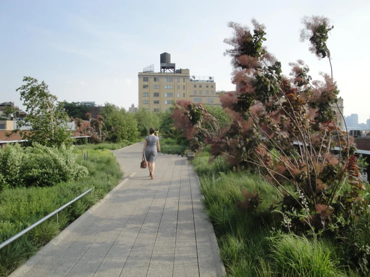 a person walks down a sidewalk next to the city