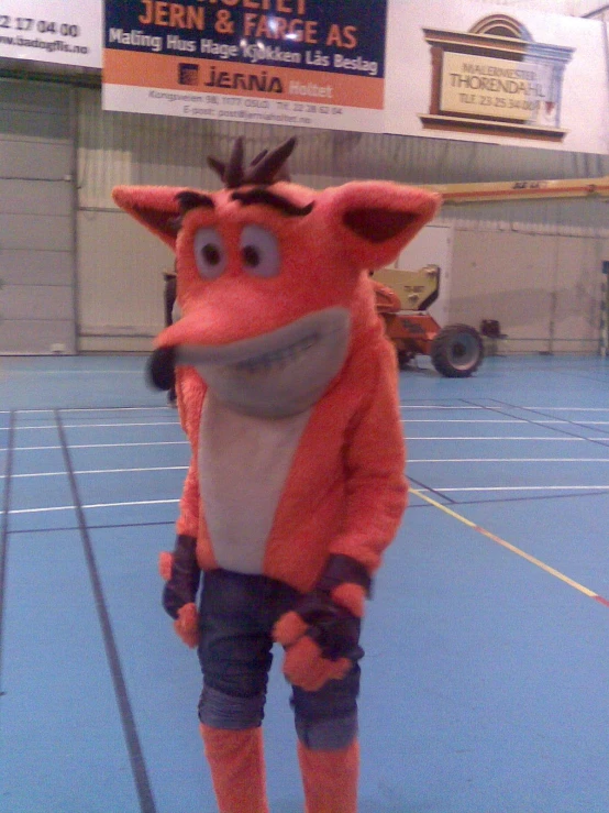 a person dressed as an orange furry animal standing on top of a tennis court