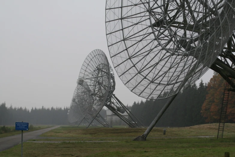 a couple of large metal balls sitting next to each other on a lush green field