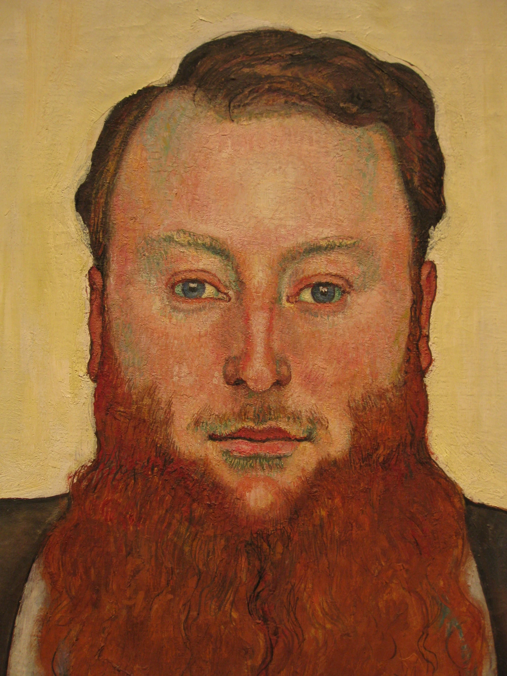 a painting with red hair and blue eyes