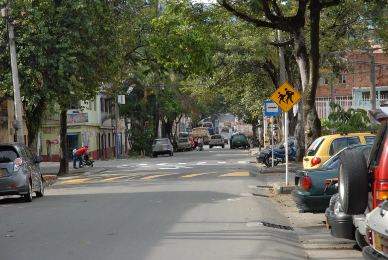 many cars are parked along a tree lined street