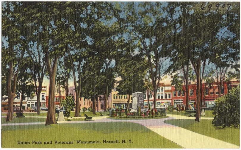 a park with several trees in the middle and many benches at the bottom