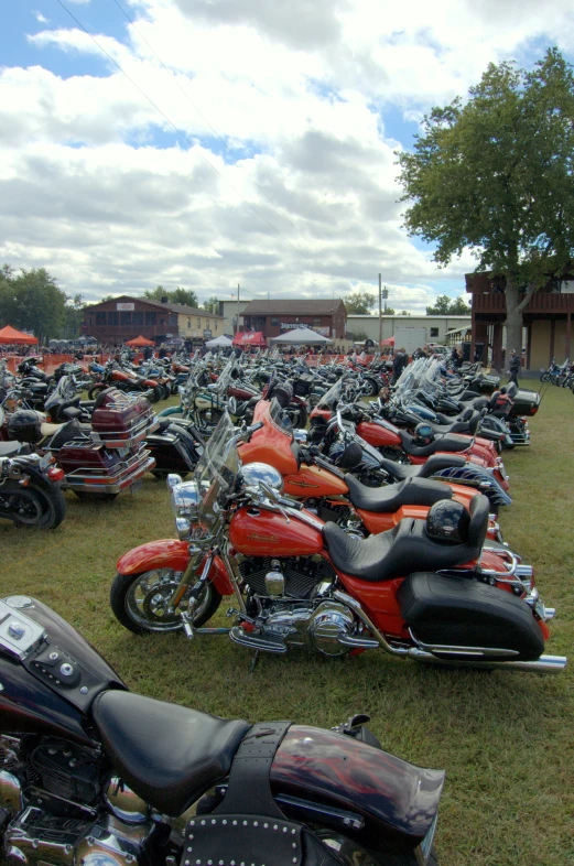 several motorcycles are lined up in a grassy field