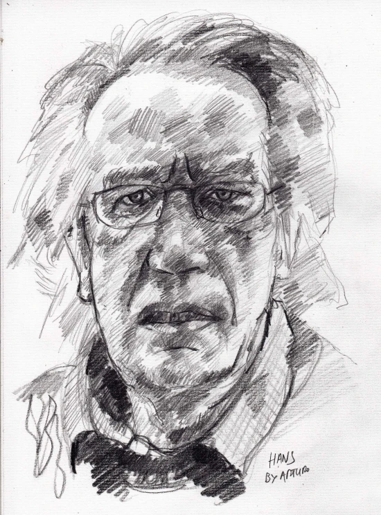 a drawing of an old man with glasses