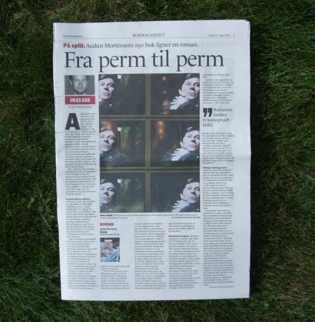 a newspaper laying in the grass with the front page ripped off