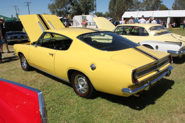 the yellow car is parked next to the silver vehicle