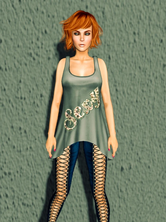 an orange haired female in a tank top and ripped jeans