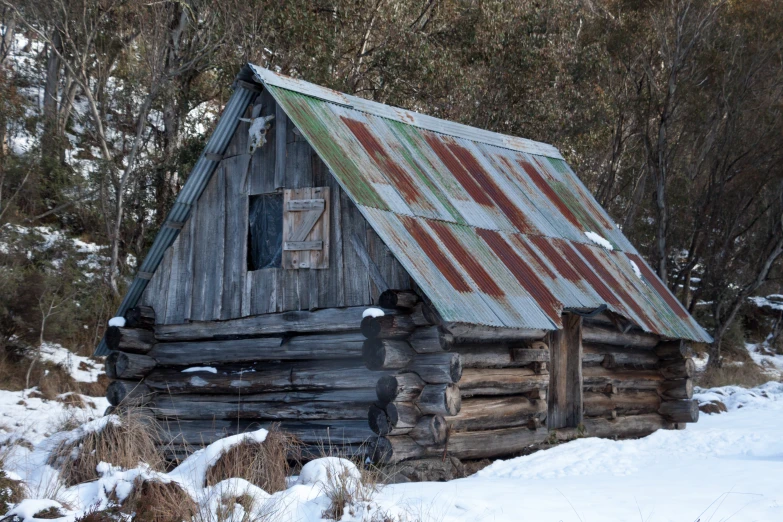 a rustic cabin nestled on top of a snowy hill