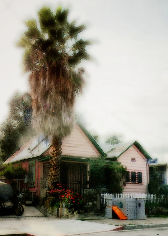 a pink house that is sitting in the middle of a street