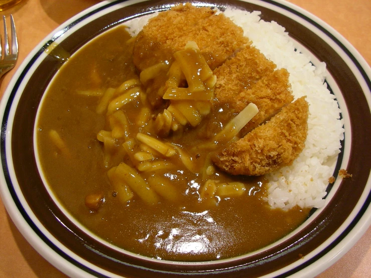 chicken smothered in gravy is served with rice