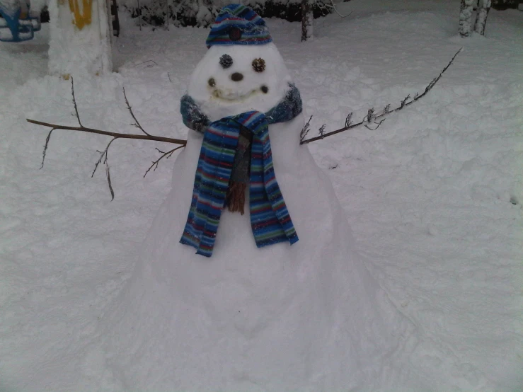 a snowman with a blue hat and striped scarf