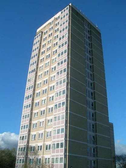 the large building is tall and brown in color
