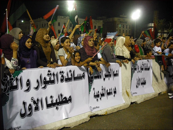 people are protesting in different languages on large banners