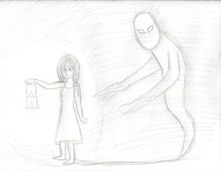 a pencil drawing of a girl holding an object in her hand