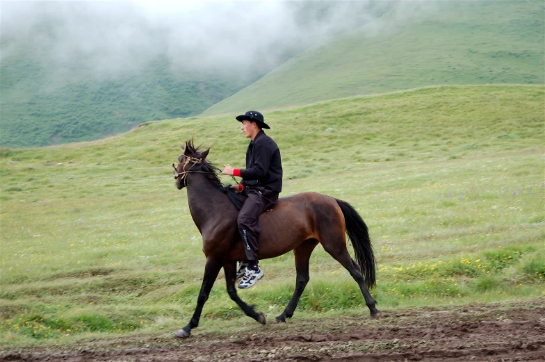 a man in black riding a brown horse on top of a green field