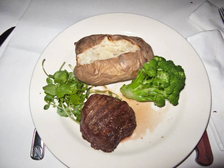 steak and broccoli on a white plate