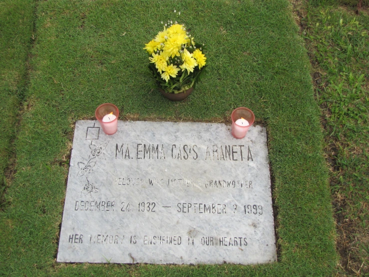 a memorial placed on the grass with flowers on it