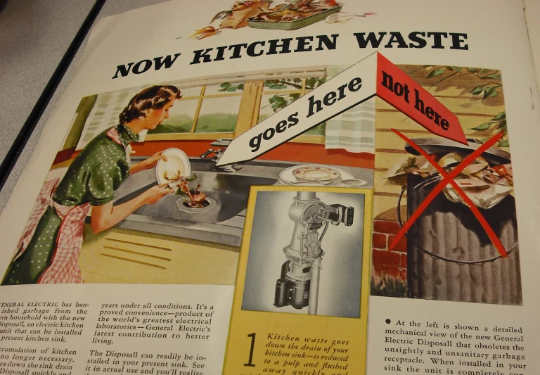 a cookbook with pictures of kitchen appliances and woman using a kitchen sink