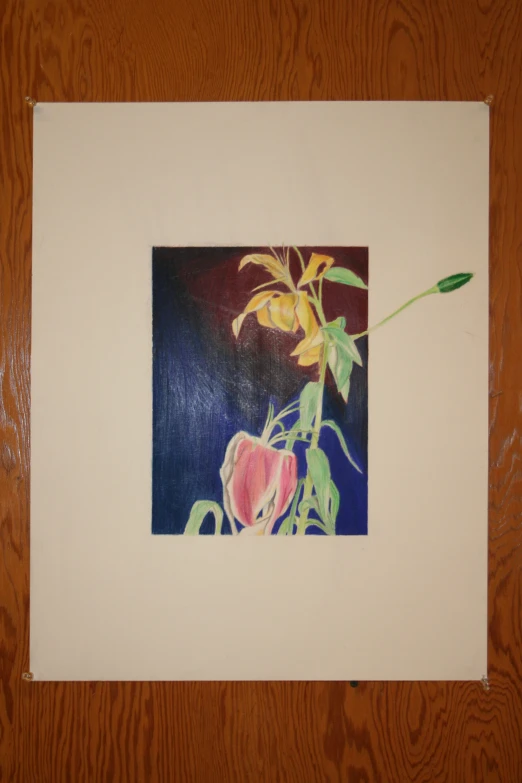 a painting of flowers in an art exhibit