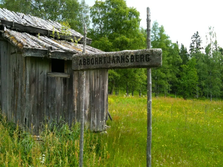 a wooden shed that is in some grass