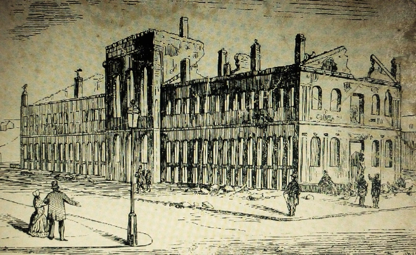 an old black and white drawing of people walking near a large building