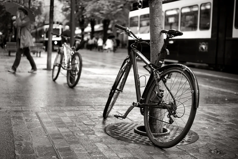 a bicycle is propped up on the tree in a street