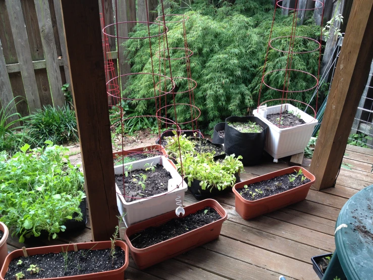 several planter boxes sit empty on the deck of a house