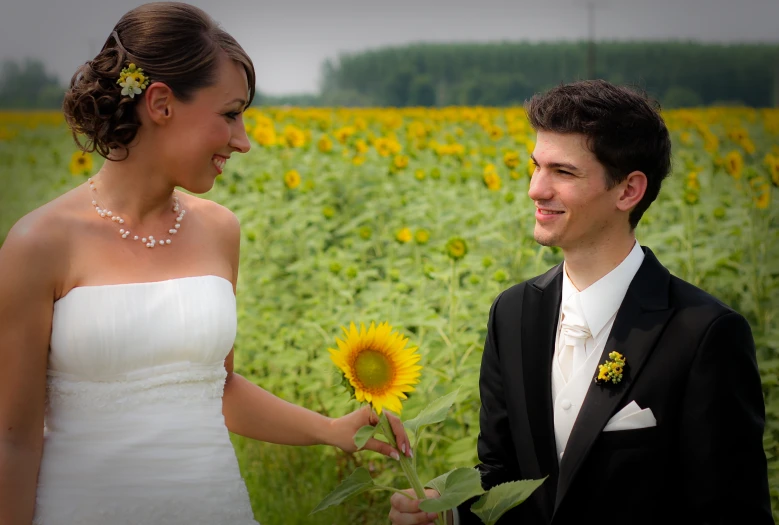 a couple in a sunflower field with one holding the other