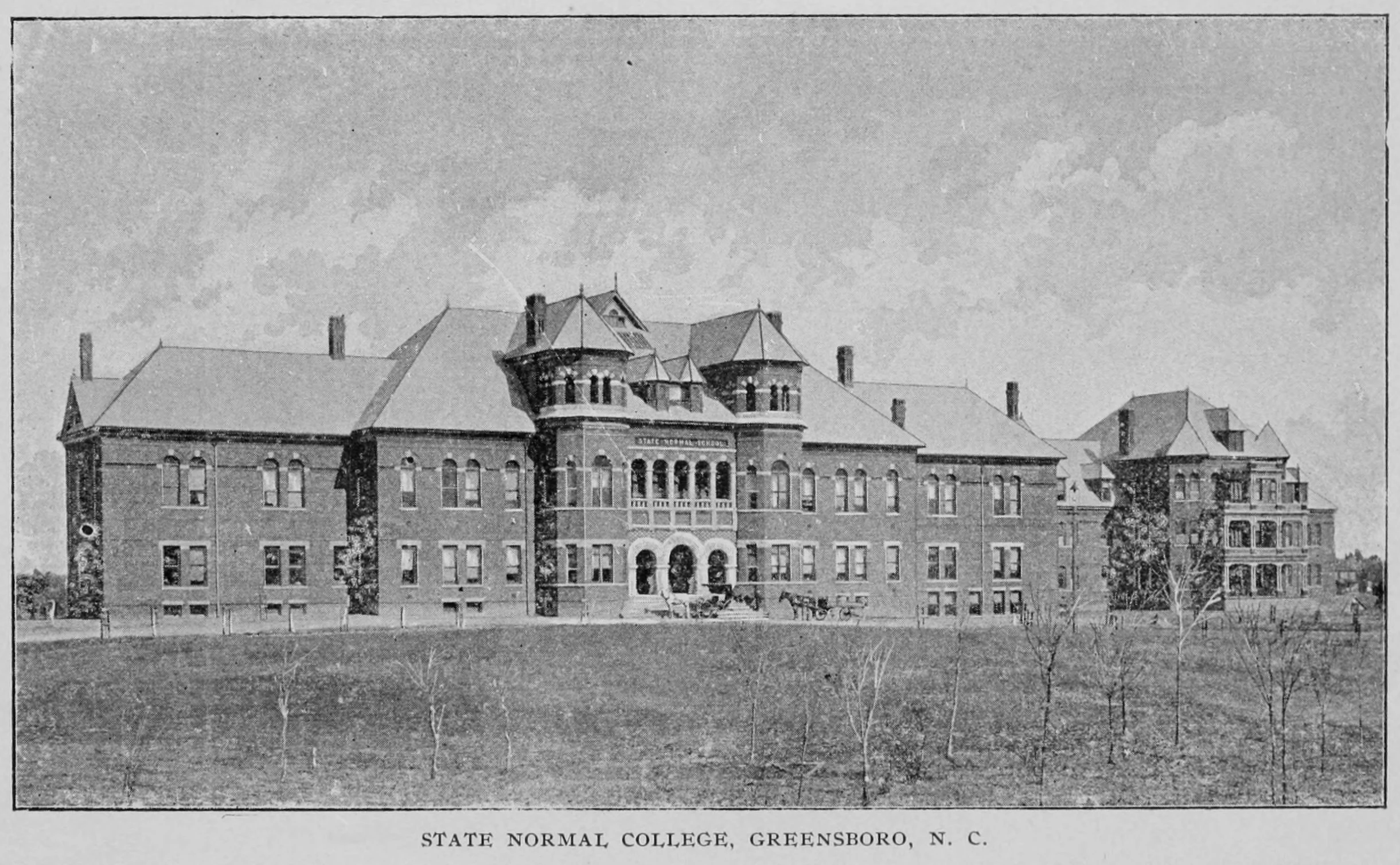 old pograph showing the back of a large old building