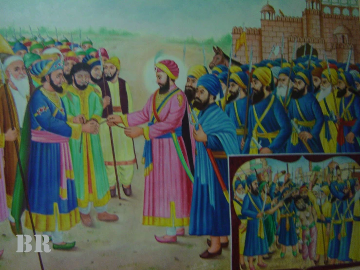 a painting depicting a group of people holding hands