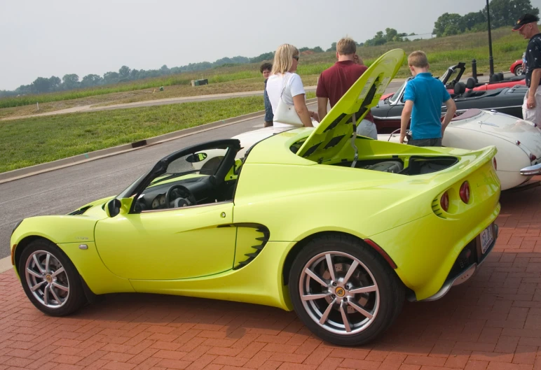 people are standing next to a parked convertible car