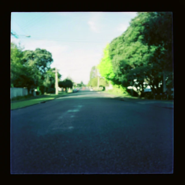 a long road in the middle of a park lined street